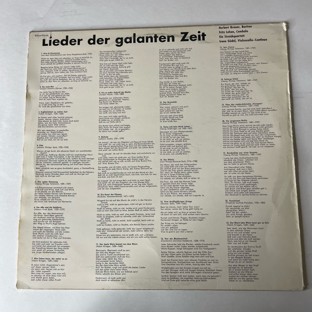 Винтажная виниловая пластинка LP Herbert Brauer Херберт Брауэр, Lieder Der Galanten Zeit (Германия 1973)