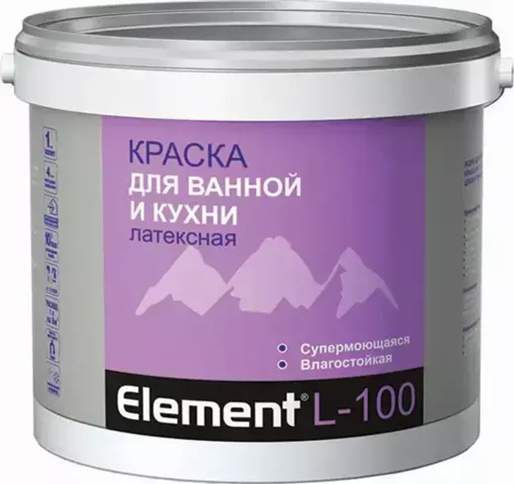 Краска Alpa Element L-100 для ванной и кухни латексная супермоющаяся бесцветная 9,06л