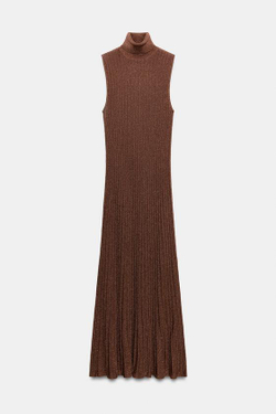 ZARA ДЛИННОЕ ПЛАТЬЕ ИЗ ТРИКОТАЖА С БЛЕСТЯЩЕЙ НИТЬЮ, ЗОЛОТИСТЫЙ