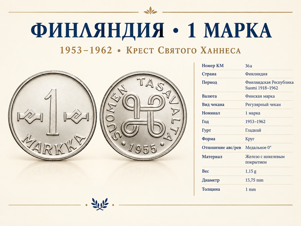 Финляндия 1 марка, 1955 Крест Святого Ханнеса XF
