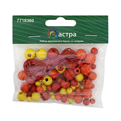 Набор деревянных бусин со шнуром (6,8,10,12мм), 90шт, красный микс, Astra&Craft