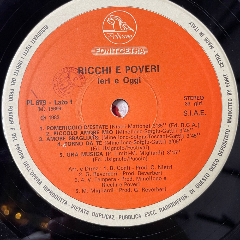 Винтажная виниловая пластинка LP Ricchi E Poveri Богатые и Бедные Ieri E Oggi (Italy 1983)