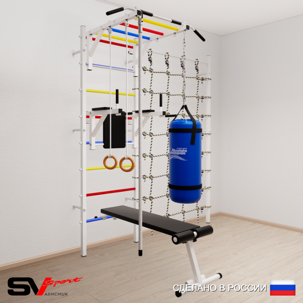 Шведская стенка Sv Sport усиленная 65430 (Турник рукоход/Брусья/Скамья/Канат/Кольца/Цепь/Мешок 30кг/Канатный лаз)