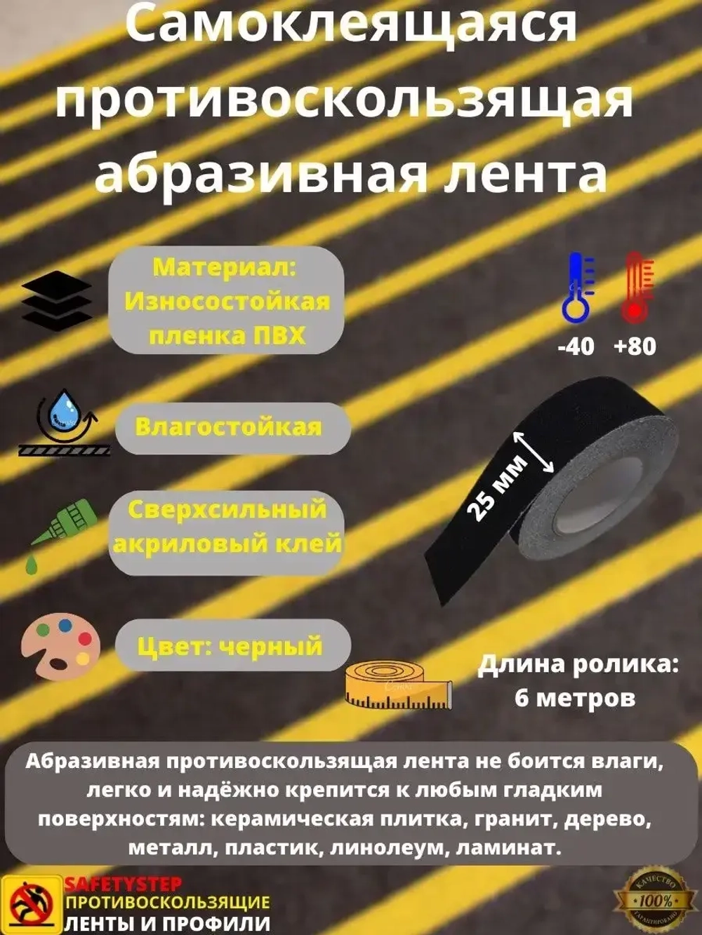 Противоскользящая лента абразивная, 19 мм х 6 метров, черный