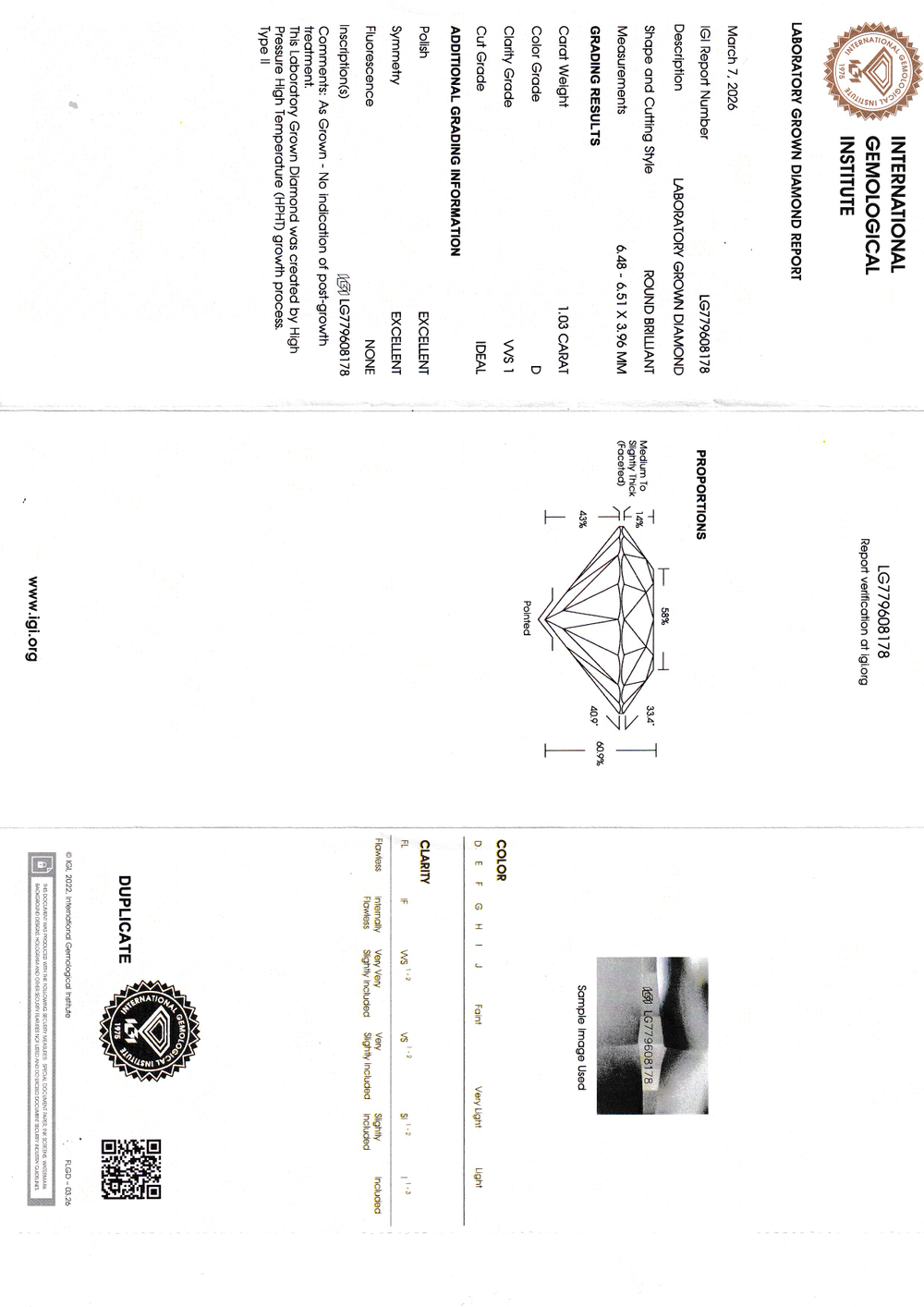 Ограненный синтетический алмаз Кр-57 6.48-6.51 мм D/VVS1 1.03 ct