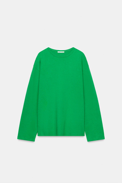 ZARA ФУТБОЛКА ИЗ ХЛОПКА И ЛЬНА, ЗЕЛЕНЫЙ