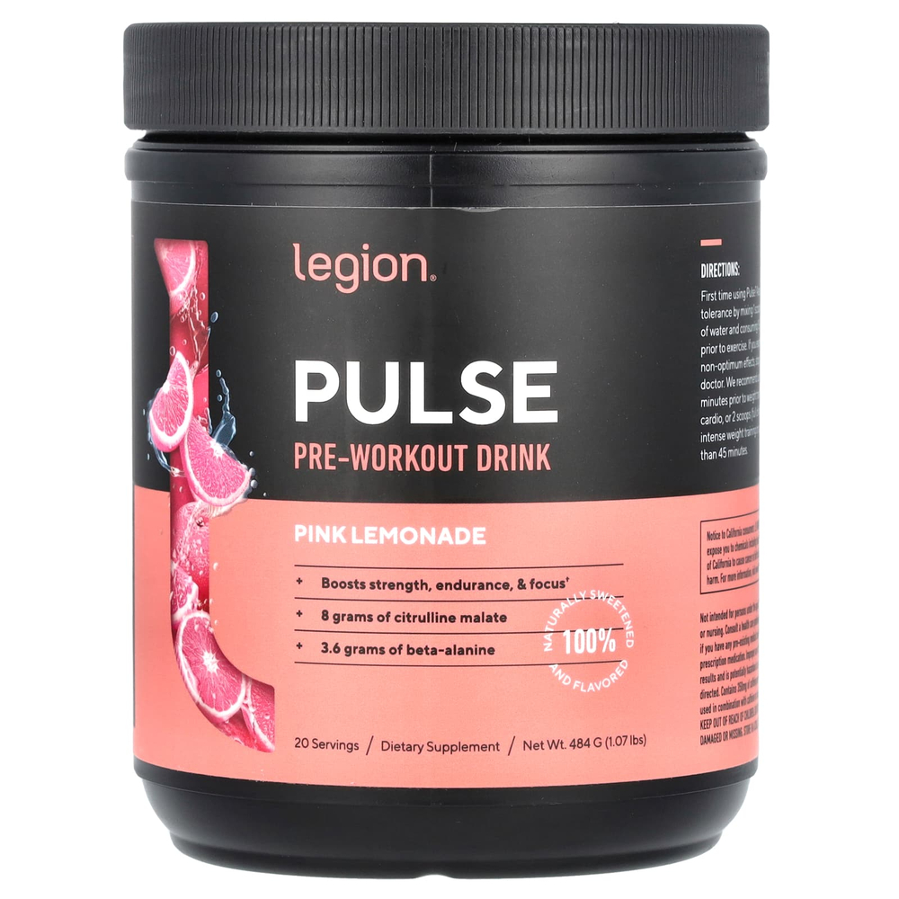 Legion Athletics, Pulse, предтренировочный напиток, розовый лимонад, 484 г