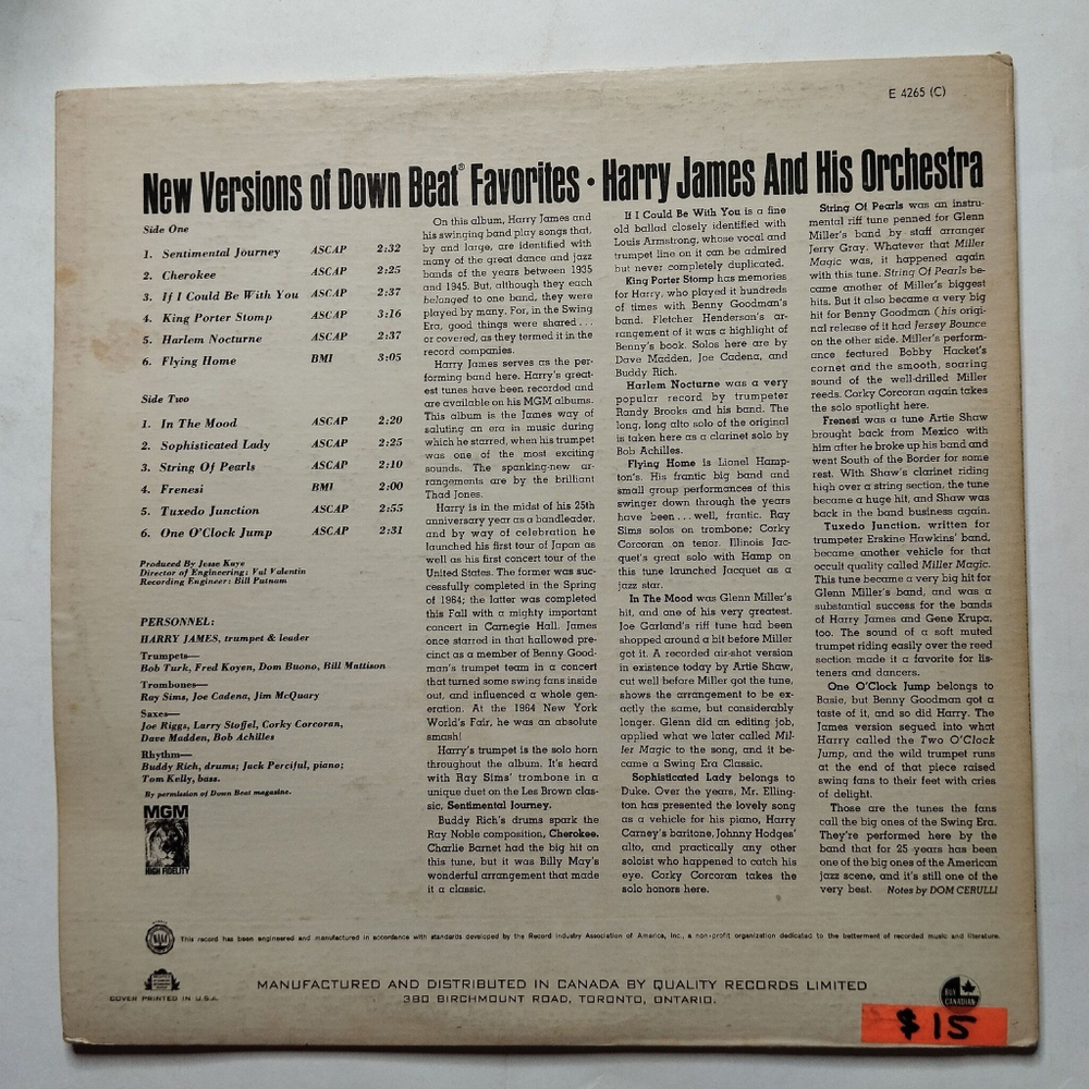 Винтажная виниловая пластинка LP Harry James New Versions Of Down Beat Favorites(USA 1964)