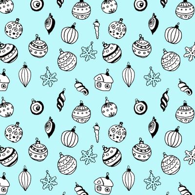 Зимняя сказка. Ёлочные игрушки на бирюзовом фоне.
