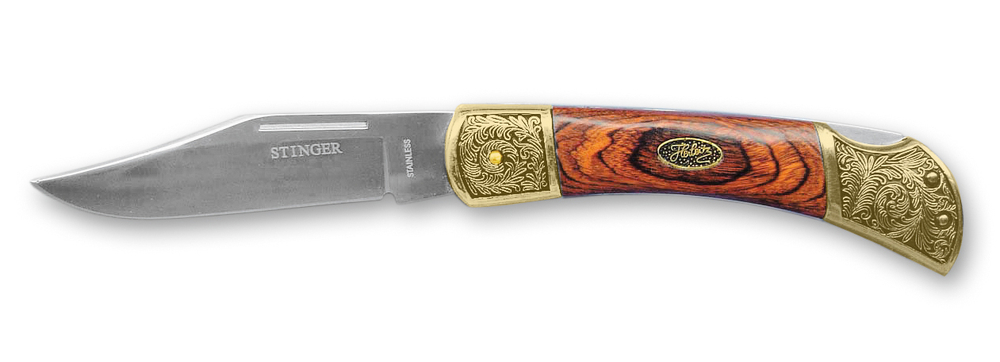 Нож складной Stinger, 100 мм, рукоять: сталь/дерево (золотисто-коричневый), коробка дерево