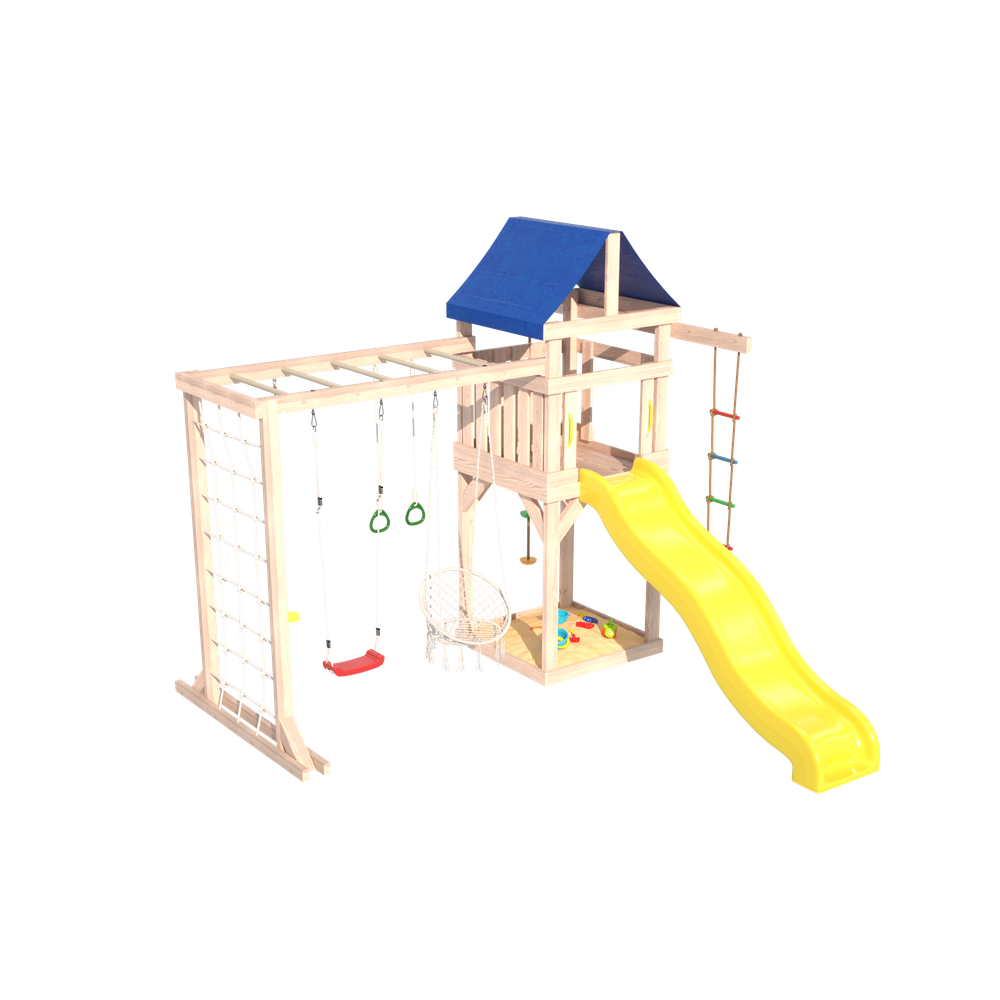 Детская площадка Fun Land неокрашенная с модулем сетка-рукоход, мини сеткой, подвесным креслом и качелями
