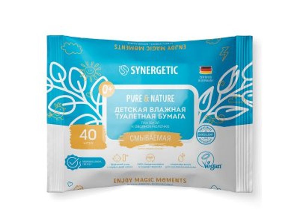 Synergetic Детская влажная туалетная бумага Pure&Nature Пантенол и Овсяное молоко 40шт