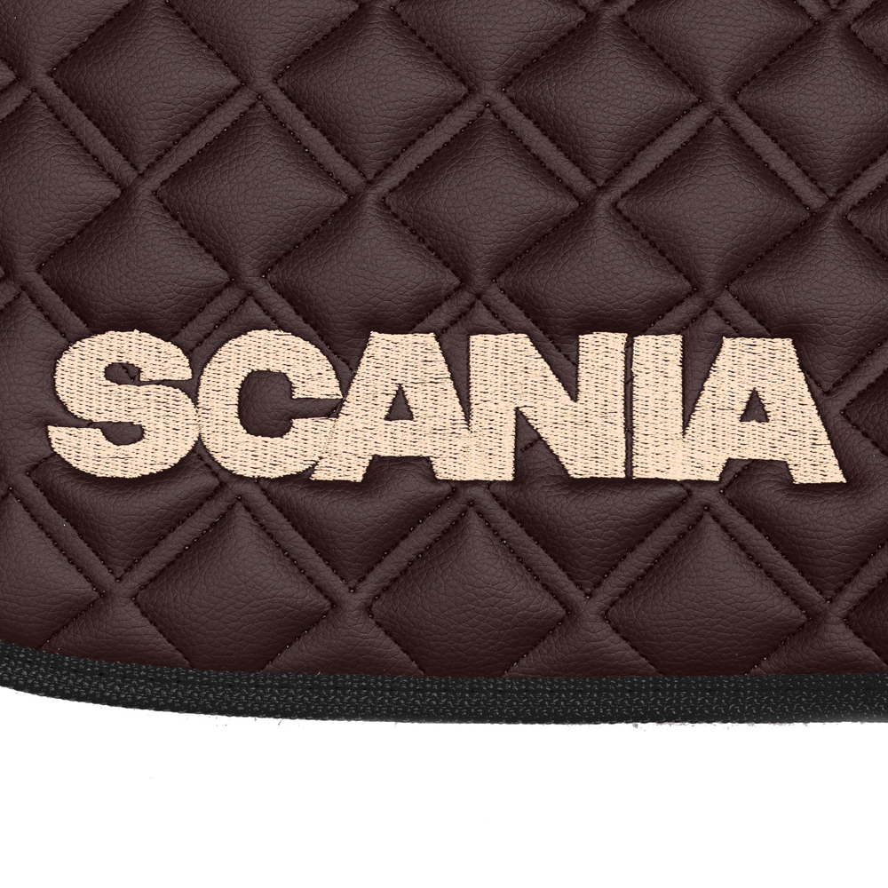 Ковры SCANIA 5 серии G (механика), (экокожа, коричневый, черный кант, бежевая вышивка)