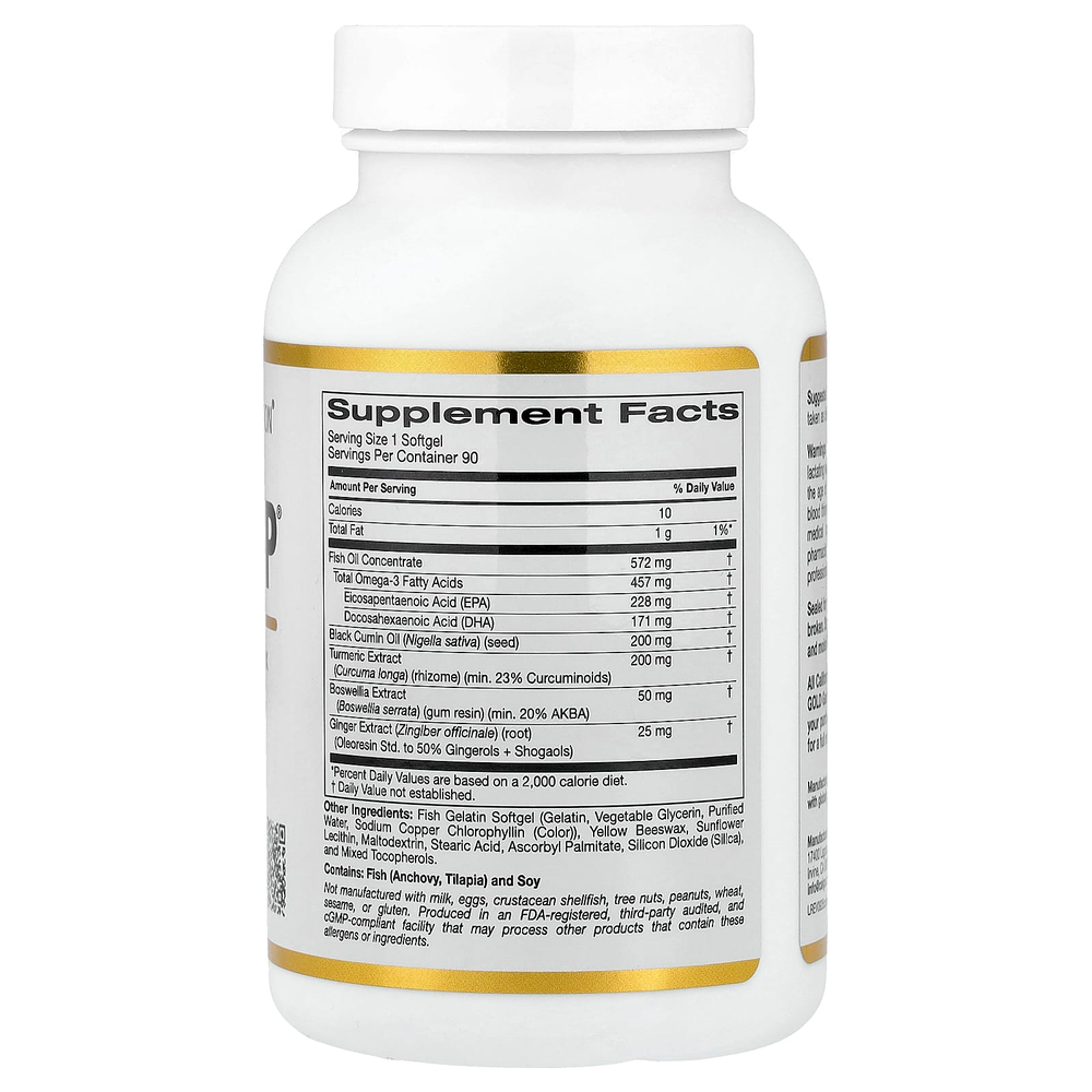 California Gold Nutrition, CurcuminUP™ с комплексом куркумина и омега-3, маслом из семян чёрного тмина, босвеллией и имбирём, 90 капсул из рыбьего желатина