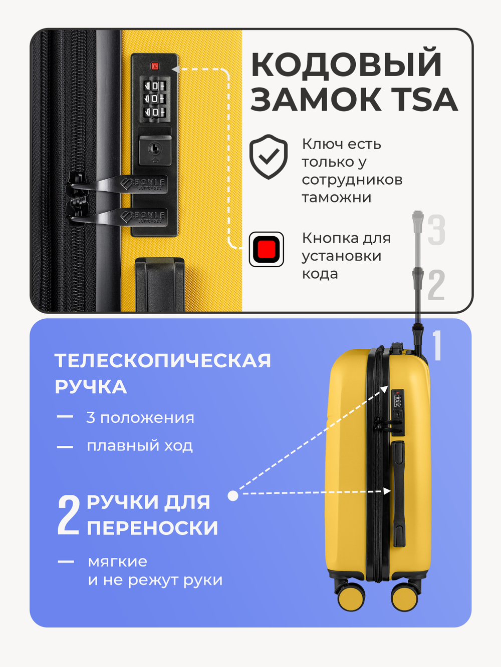 Чемодан Bonle размер S Желтый