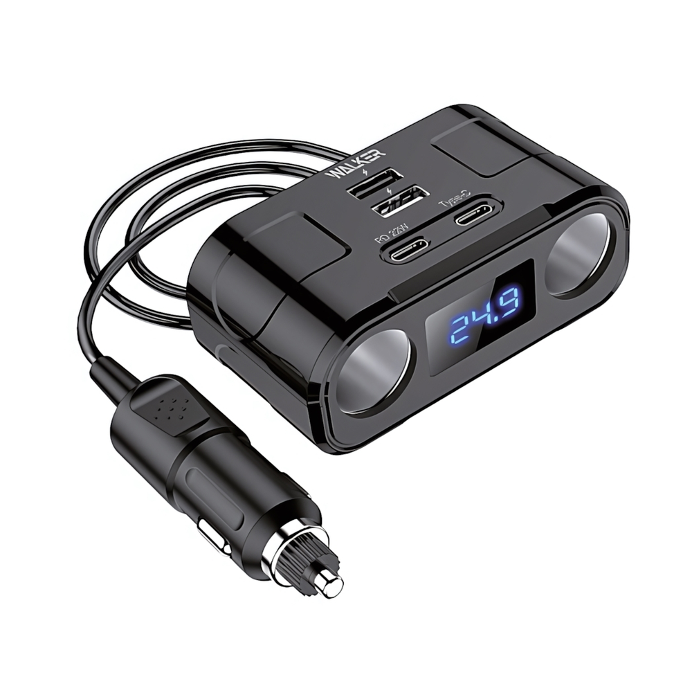 Разветвитель прикуривателя WALKER WSC-45, 120Вт, 2 разъема, 2хUSB(2А), 2хType-C(PD, 22W), с дисплеем