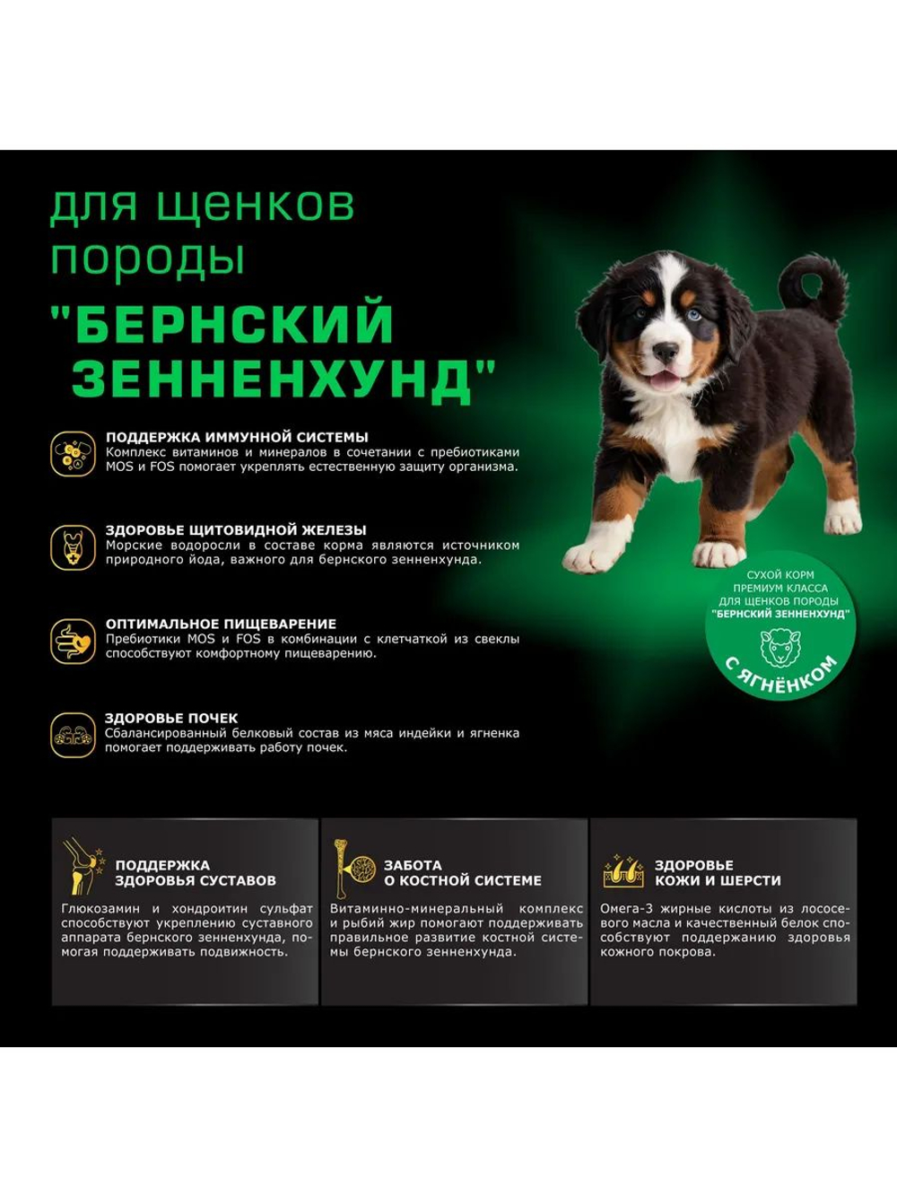 Корм сухой для щенков породы Бернский зенненхунд, премиум полнорационный комплекс, с ягненком, 2,5 кг, QUATTRO
