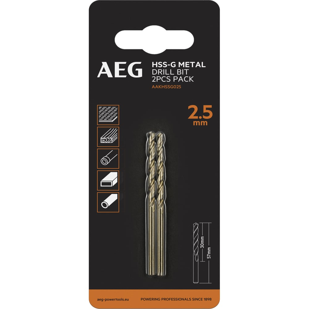 Сверло по металлу HSS-G (2 шт; 2.5х30х57 мм) AEG AAKHSSG025 4932479305