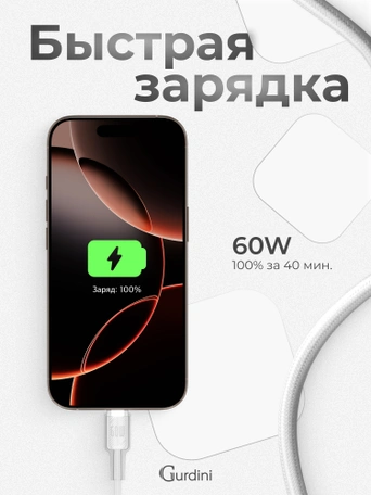 Кабель Type-C to Type-C Gurdini Braided Data Cable 20V/3A 60W 1m белый