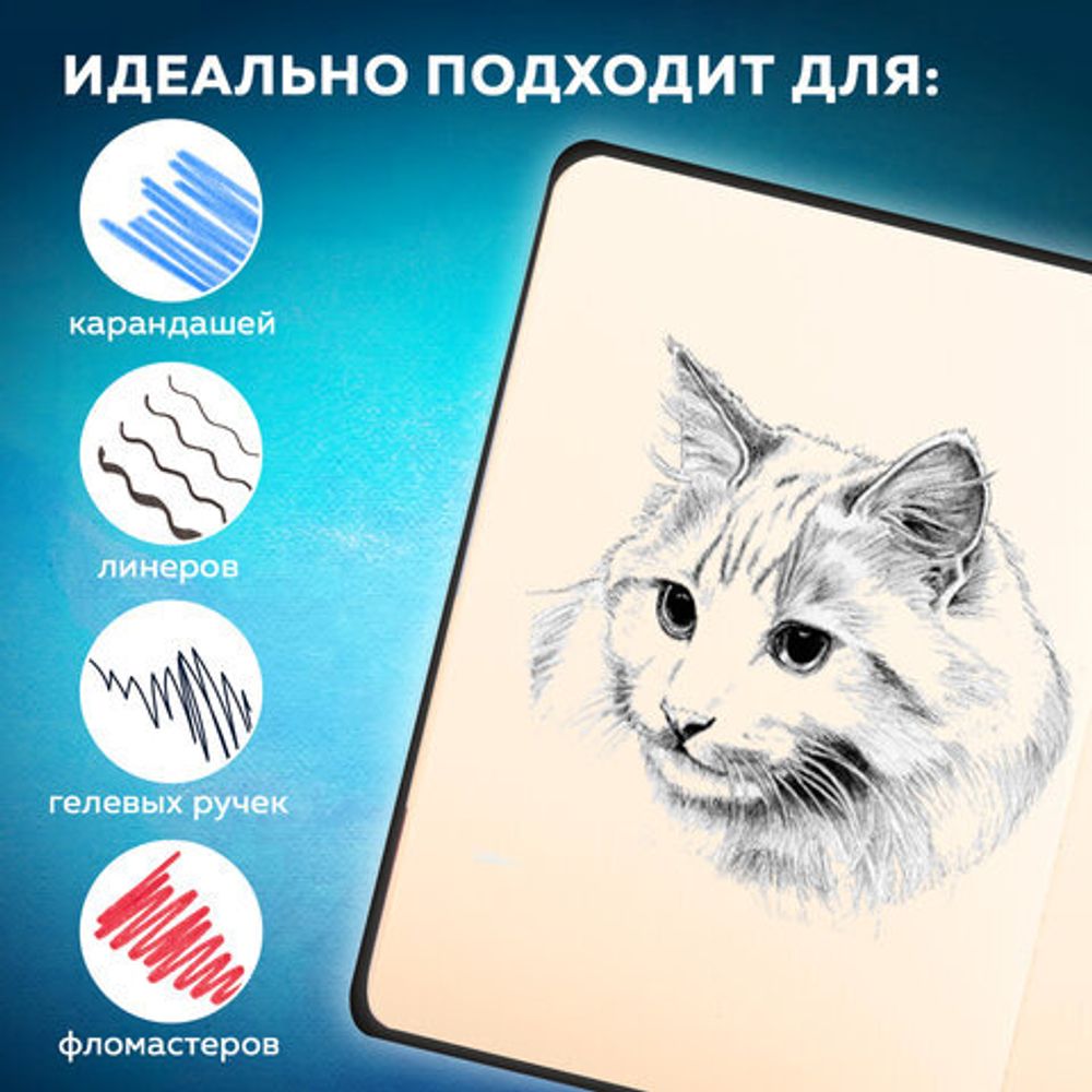 Скетчбук, слоновая кость 140 г/м2 90х140 мм, 80 л., КОЖЗАМ, застежка, BRAUBERG ART CLASSIC, черный,116458