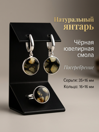 Комплект украшений с янтарём круг малый пеструха черная
