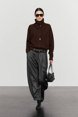 Massimo Dutti Кардиган из двухизнаночного трикотажа с воротником-трубой, шоколадный