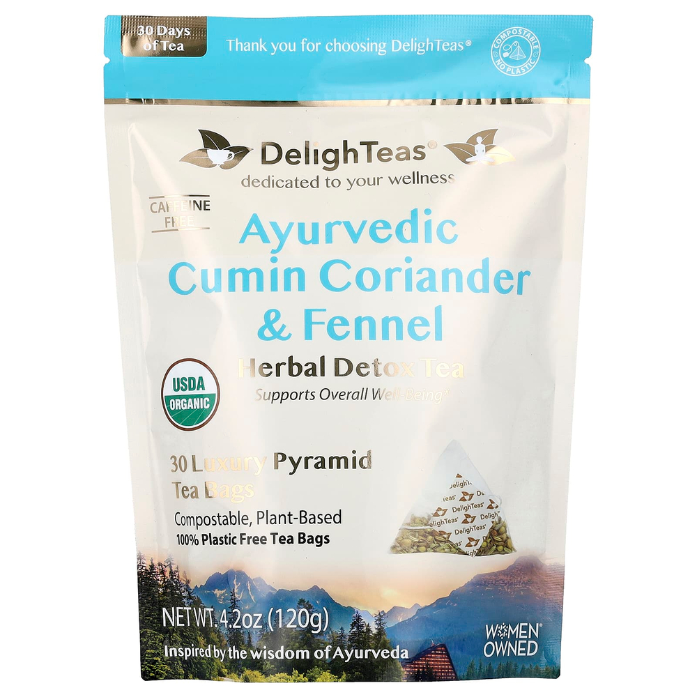 DelighTeas, Ayurvedic Cumin, Coriander & Fennel, травяной чай для выведения токсинов, без кофеина, 30 роскошных чайных пакетиков Pyramid, 120 г (4,2 унции)