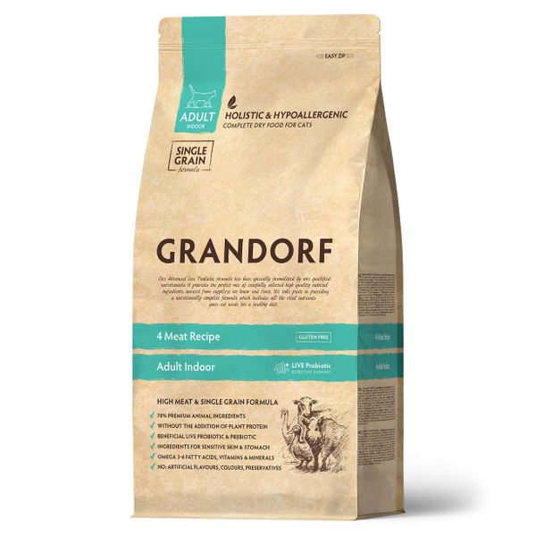 Сухой корм Grandorf CAT 4 Meat PROBIOTIC INDOOR для домашних кошек, 4 мяса с пробиотиками