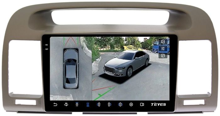 Магнитола для Toyota Camry 30 2001-2006 (рамка оливковая) - Teyes CC3-2K-360 монитор 9.5" 2K QLED на Android 10, Быстрая, CarPlay, 4G SIM-слот, 4 камеры в комплекте