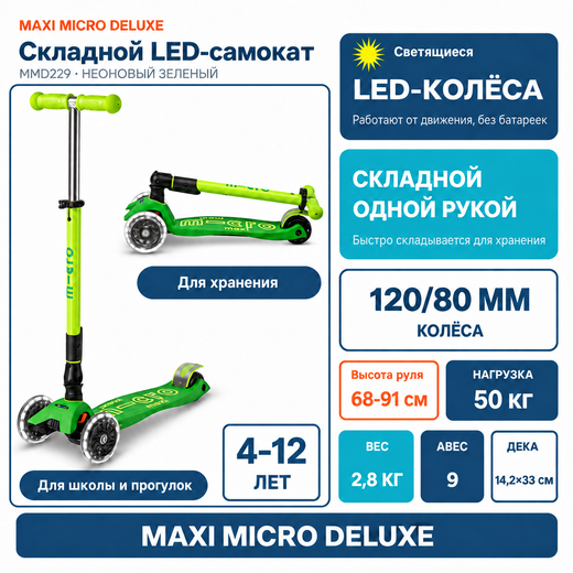 Самокат Maxi Micro Deluxe LED складной, неоновый зеленый