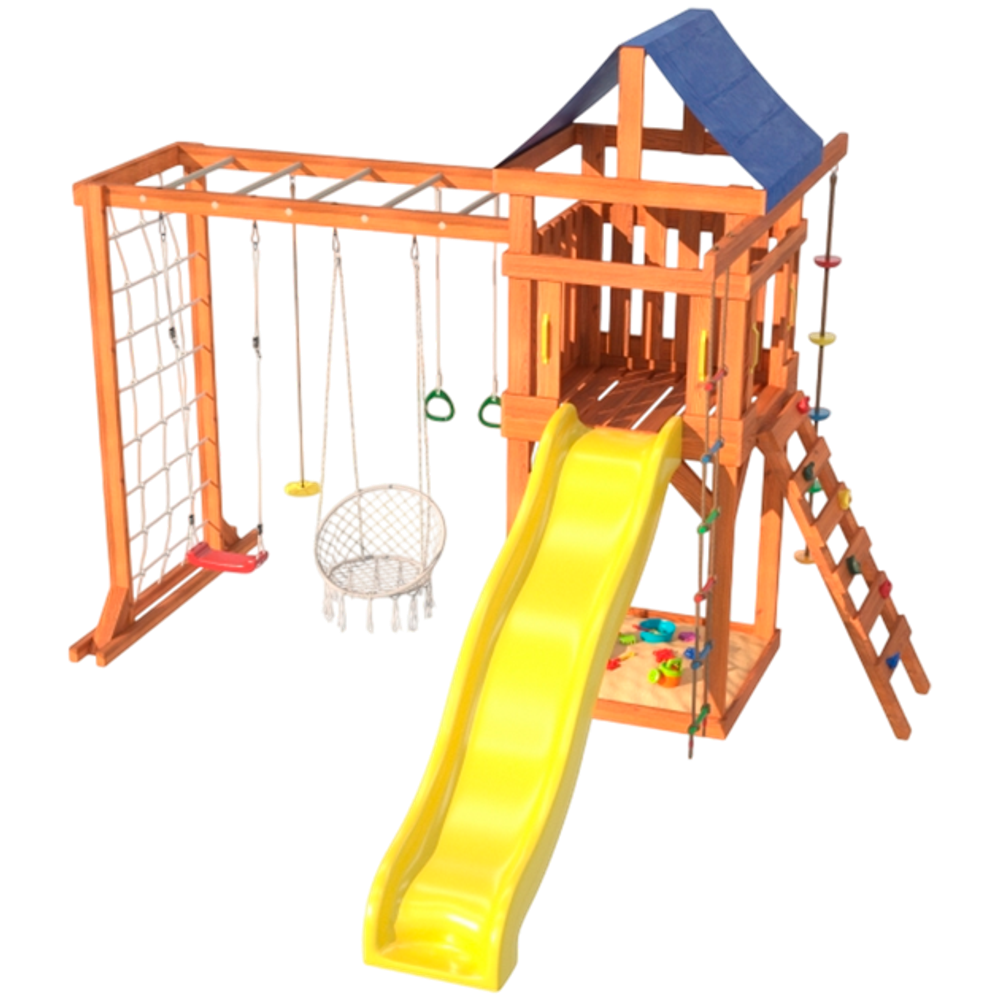 Детская площадка Fun Land с модулем сетка-рукоход, подвесным креслом и качелями