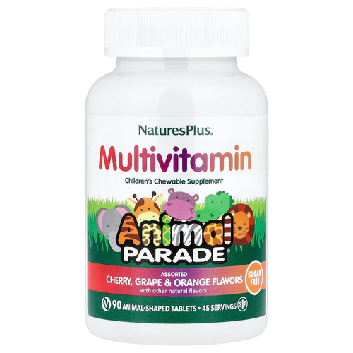 NaturesPlus, Animal Parade, мультивитамины, жевательная добавка для детей, со вкусом вишни, винограда и апельсина, 90 таблеток в форме животных