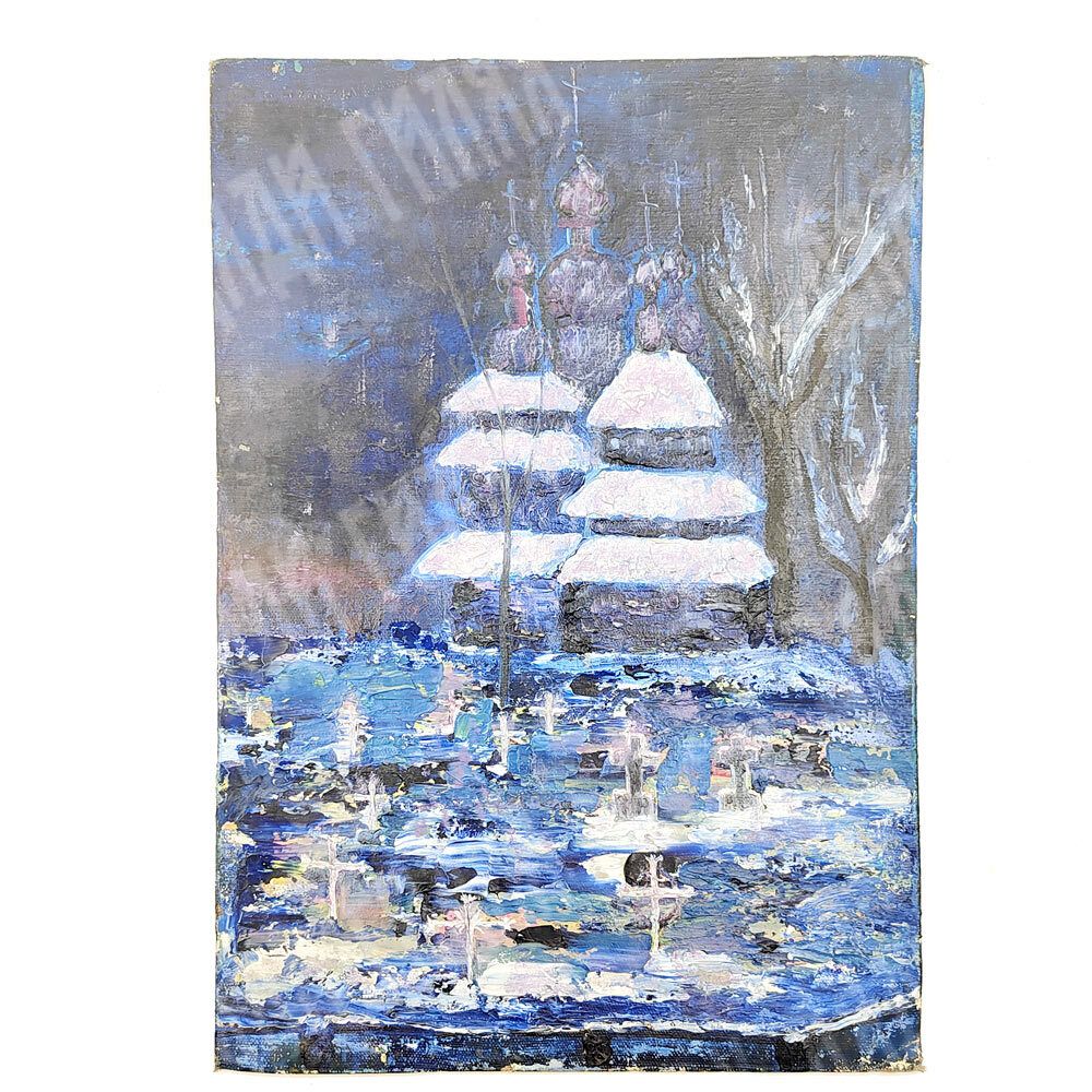 Алексеев Д. Н.? Погост в темно-синих тонах. Холст на картоне, масло. 1980-е