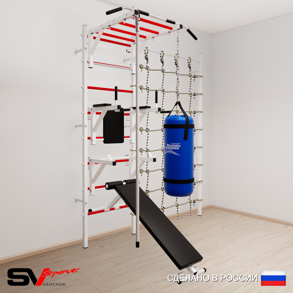 Шведская стенка Sv Sport 56020 (Турник рукоход/Брусья/Стойка/Скамья/Канат/Цепь/Мешок 22кг/Канатный лаз)