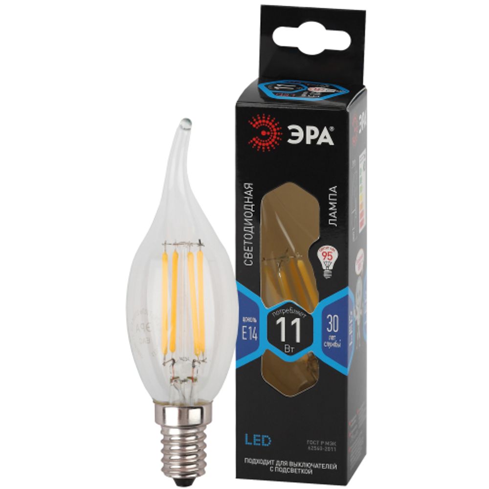 Лампа светодиодная ЭРА F-LED BXS-11W-840-E14 11Вт филамент свеча на ветру нейтральный белый свет Е14 | Филаментные декоративные