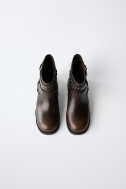 ZARA БОТИЛЬОНЫ С ЗАКЛЕПКАМИ И ПРЯЖКОЙ, КОРИЧНЕВЫЙ