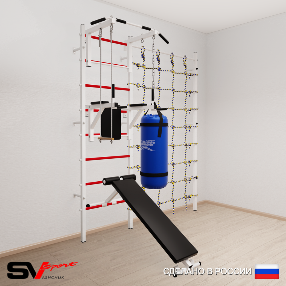 Шведская стенка Sv Sport усиленная 68320 (Турник стандарт/Брусья/Скамья/Трапеция/Цепь/Мешок 22кг/Канатный лаз)