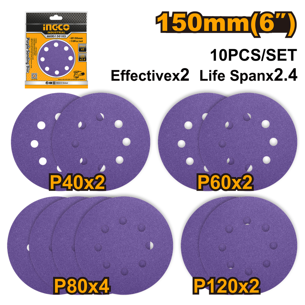 Набор шлифовальных кругов INGCO AKRS150103 INDUSTRIAL 150 мм 10 шт. Р40-120 8 отв. Набор шлифовальных кругов INGCO AKRS150103 INDUSTRIAL 150 мм 10 шт. Р40-120 8 отв.