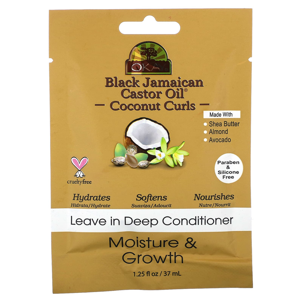 Okay Pure Naturals, Черное ямайское касторовое масло, кокосовые локоны, оставьте в кондиционере для глубокого проникновения, 37 мл (1,25 жидк. унц.)