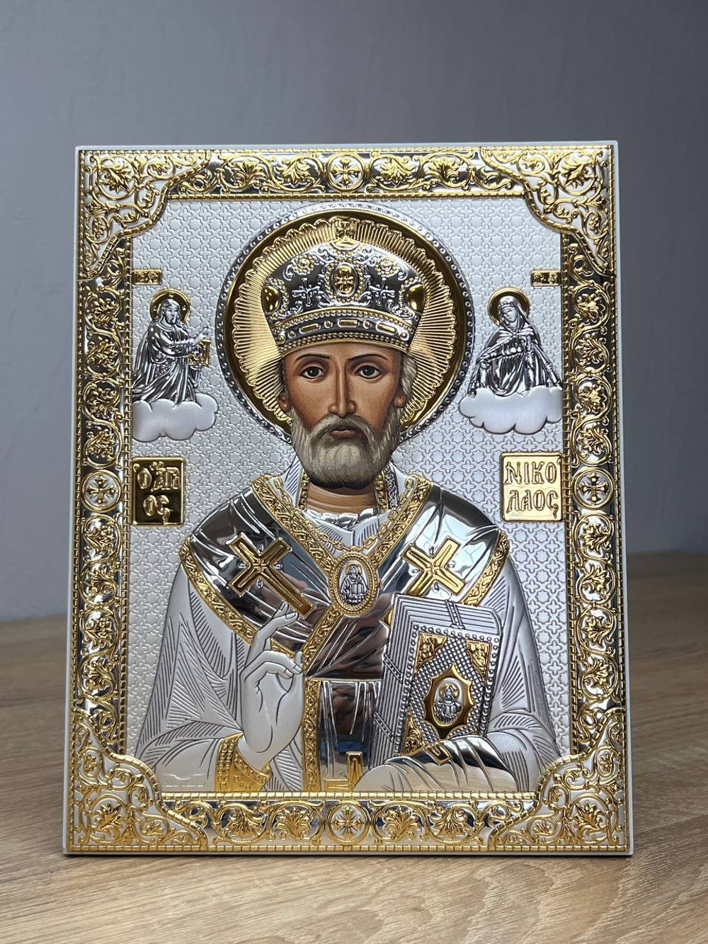 Николай Чудотворец, икона прямоугольная без рамки, белое дерево, 175х225