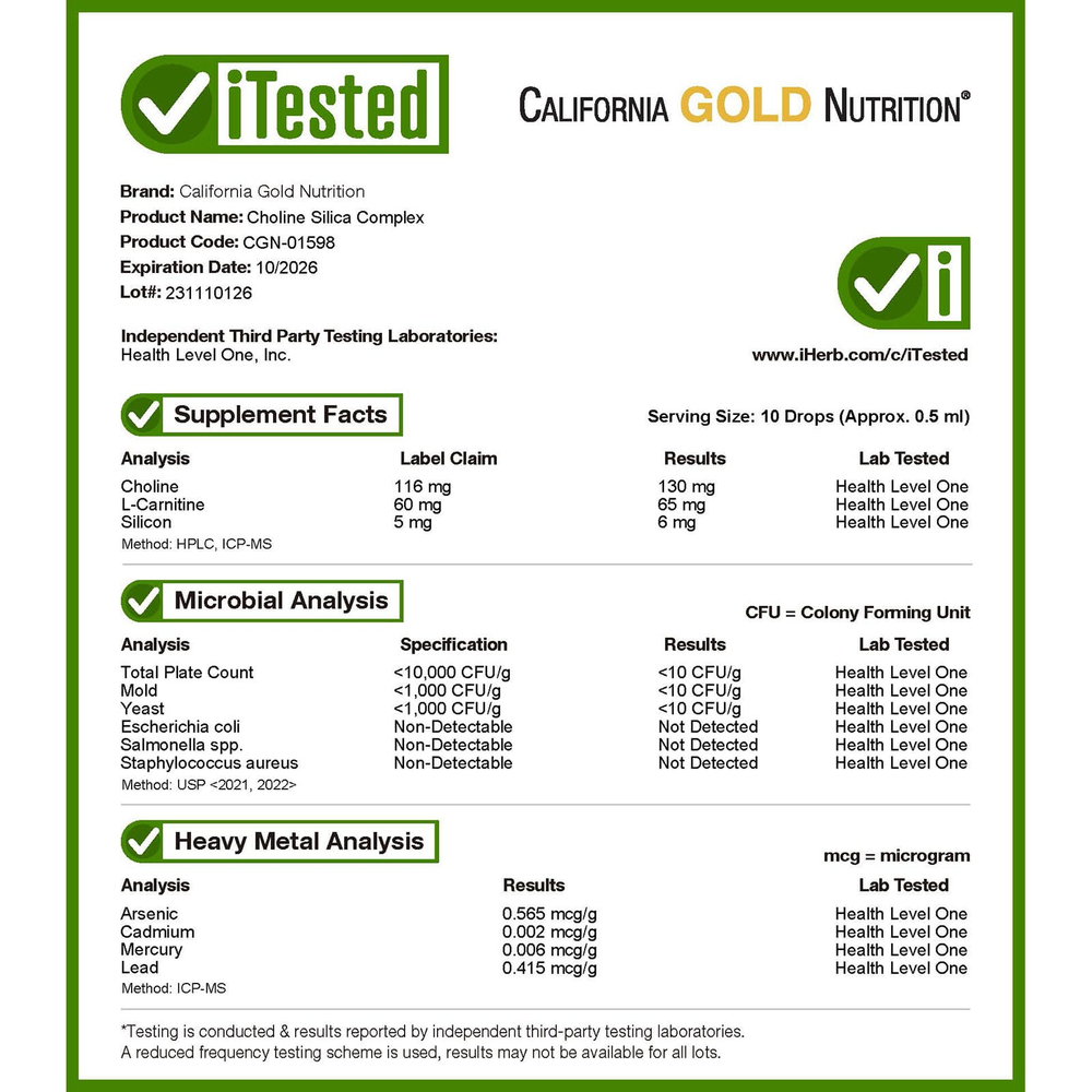 California Gold Nutrition, комплекс с холином и диоксидом кремния, биодоступный и стабилизированный кремний с холином и L-карнитином, 59 мл (2 жидк. унции)