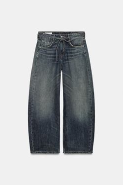 ZARA ДЖИНСЫ TRF BAGGY FIT СО СРЕДНЕЙ ПОСАДКОЙ И РЕМНЕМ, СЕРО-СИНИЙ