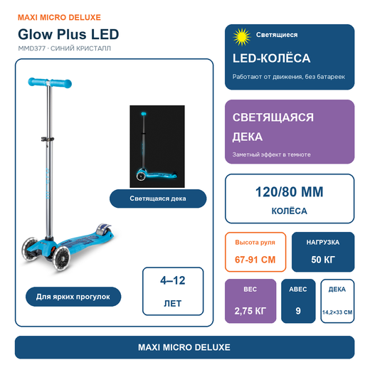 Самокат Maxi Micro Deluxe Glow Plus (светящийся) LED синий кристалл