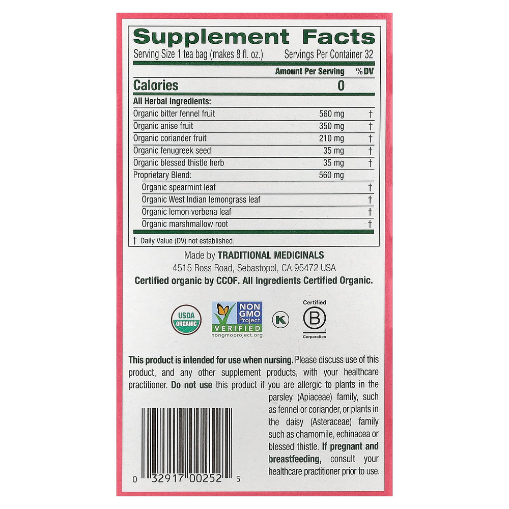 Traditional Medicinals, Organic Mother's Milk®, оригинальный с фенхелем и пажитником, без кофеина, 32 чайных пакетика в упаковке, 56 г (1,98 унции)