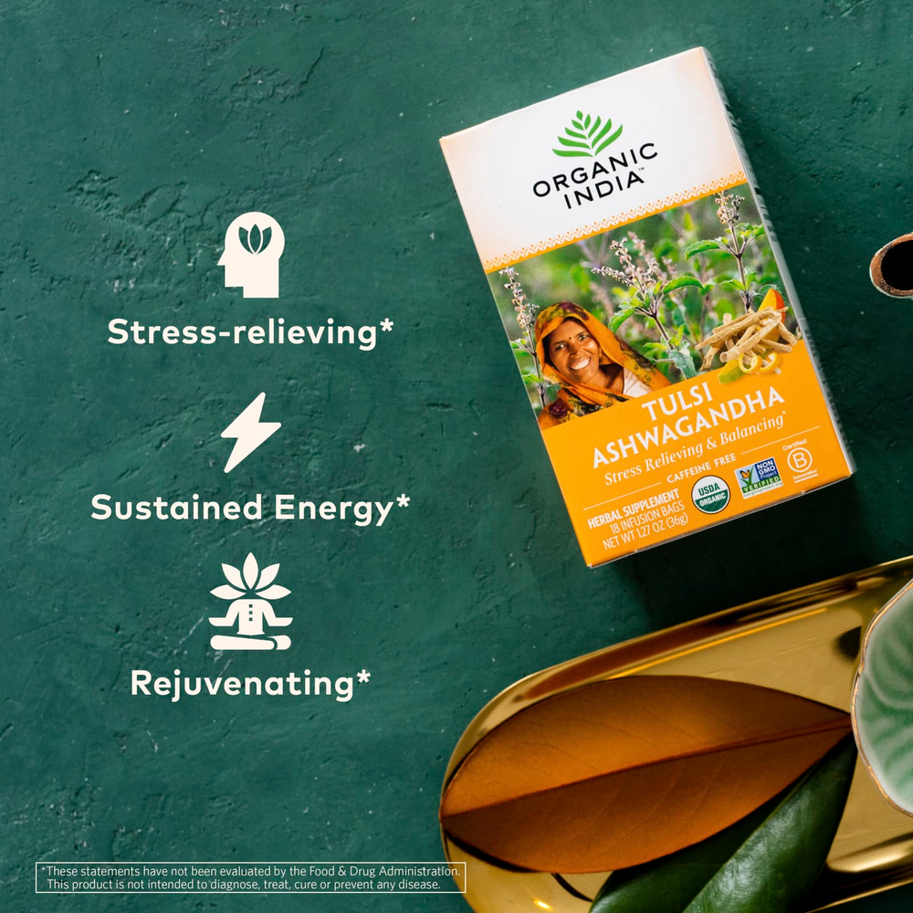 Organic India, чай с тулси и ашвагандой, без кофеина, 18 пакетиков для заваривания, 36 г (1,27 унции)