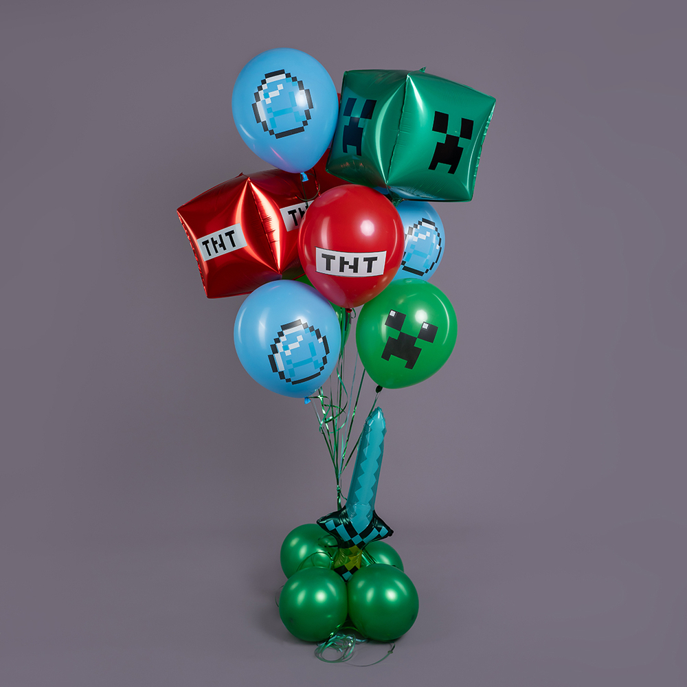 Шар 3D (22''/56 см) Куб, Пиксельный монстр, Зеленый, 1 шт.