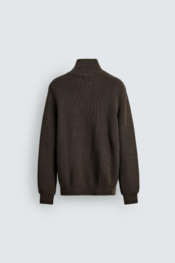 ZARA ДЖЕМПЕР ВЯЗАНЫЙ ЖЕМЧУЖНЫМ УЗОРОМ С ВОРОТНИКОМ НА МОЛНИИ, ШОКОЛАДНЫЙ