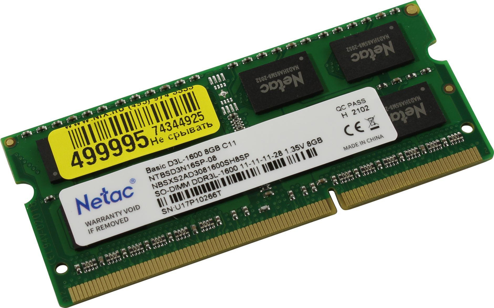 Модуль памяти Netac Basic <NTBSD3N16SP-08> DDR3 SODIMM 8Gb <PC3-12800> (for NoteBook)