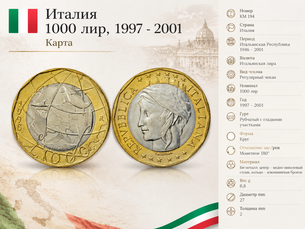 Италия 1000 лир, 1998 Карта XF