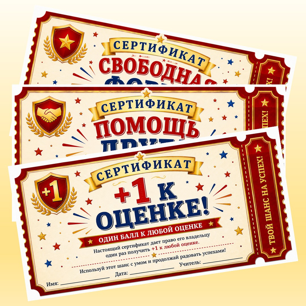 Мотивационные подарочные сертификаты для школьников. 8 шт. PDF-материал